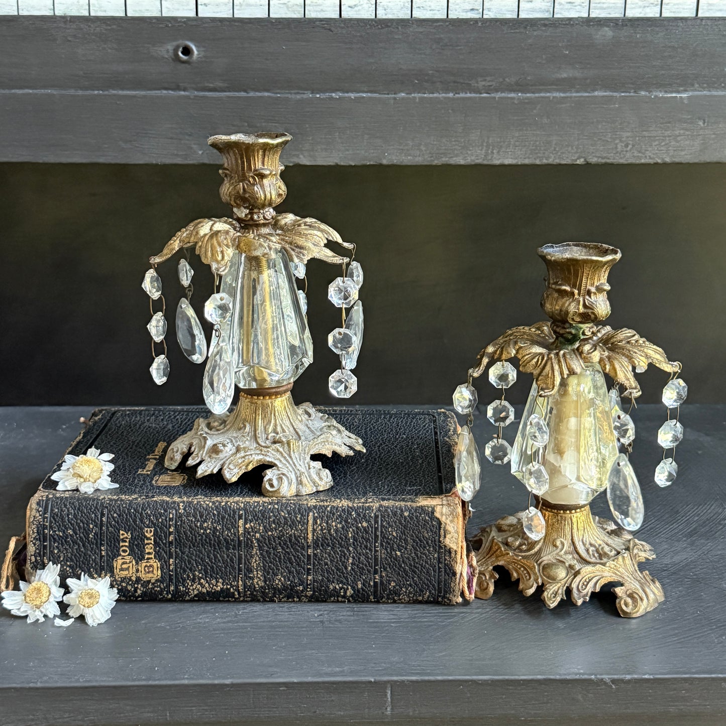 Vintage Brass & Crystal Candle Sticks