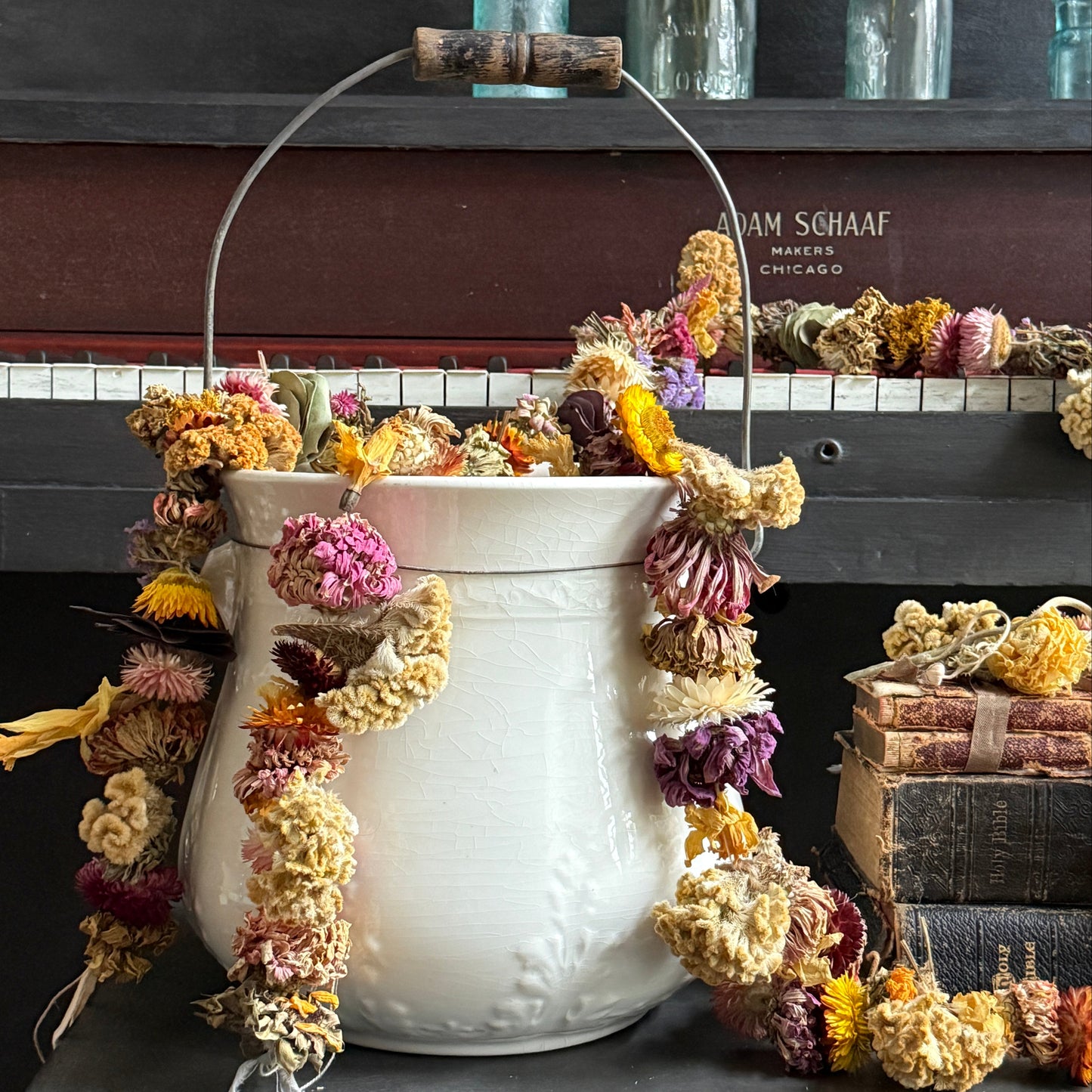 Decorative dried flower garland. Fall flowers