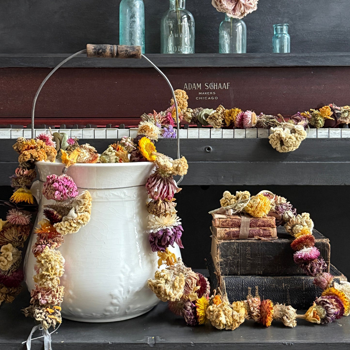 Decorative dried flower garland. Fall flowers on string