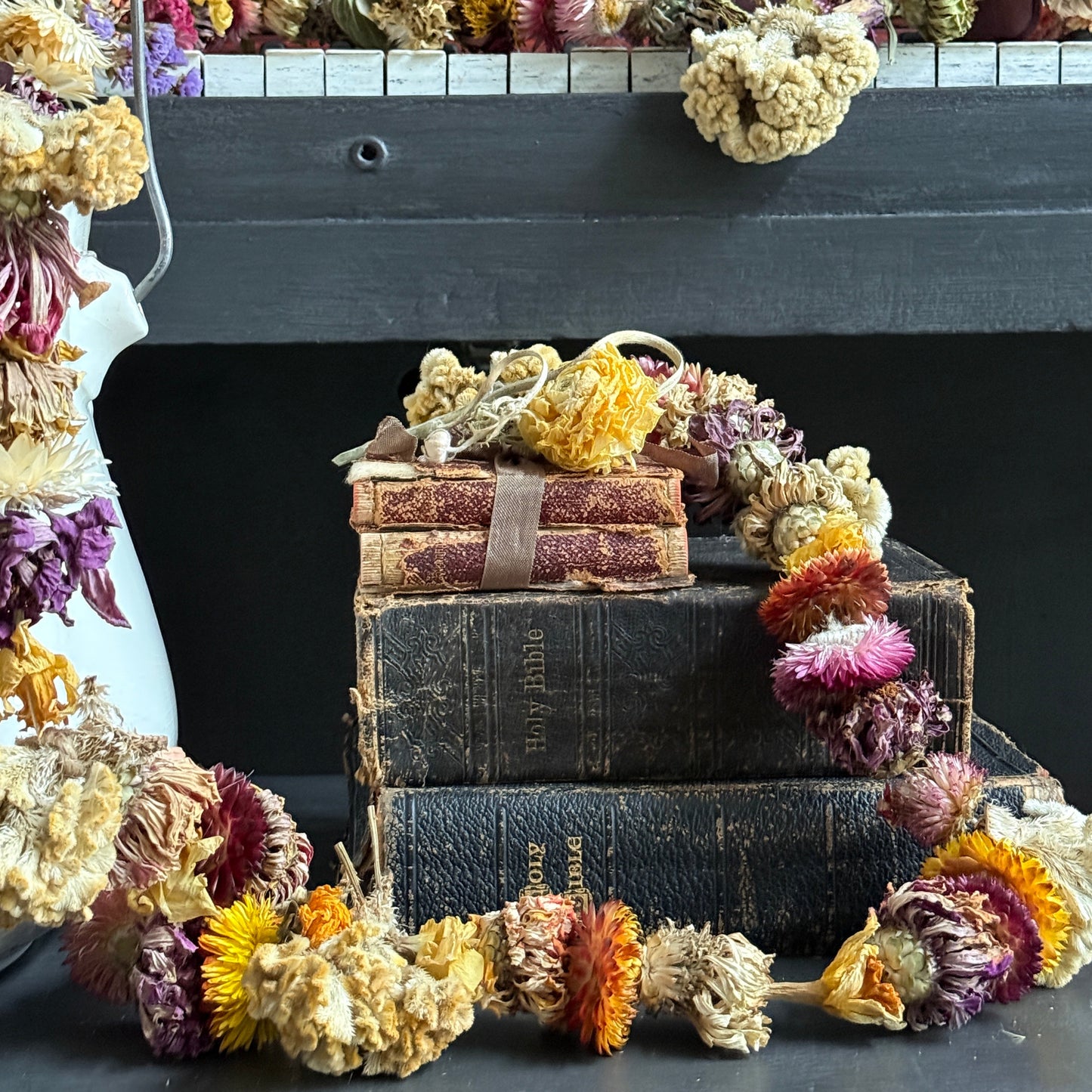 Decorative dried flower garland. Fall flowers