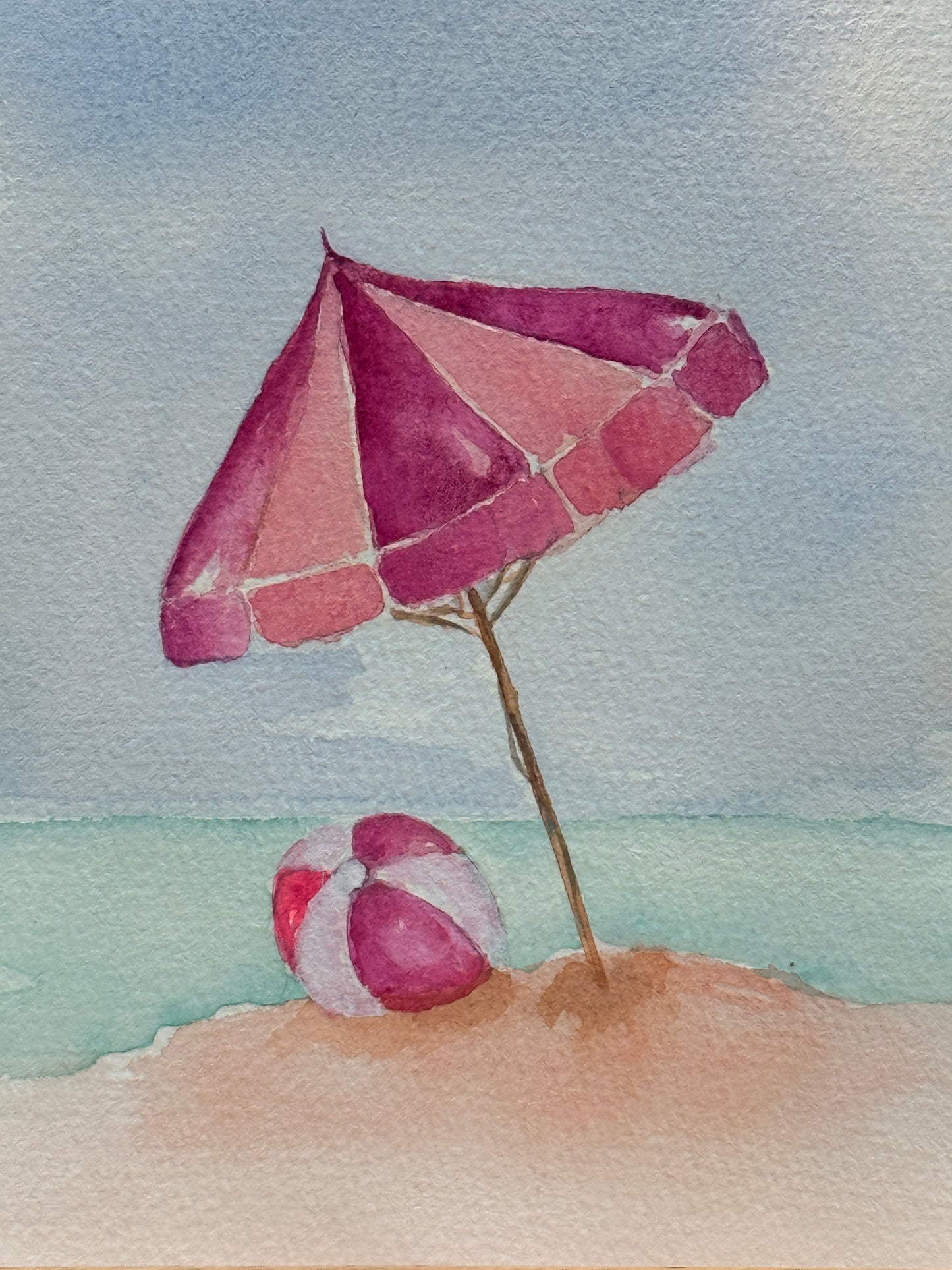 Artistic depiction of a pink beach umbrella on a light blue and beige background