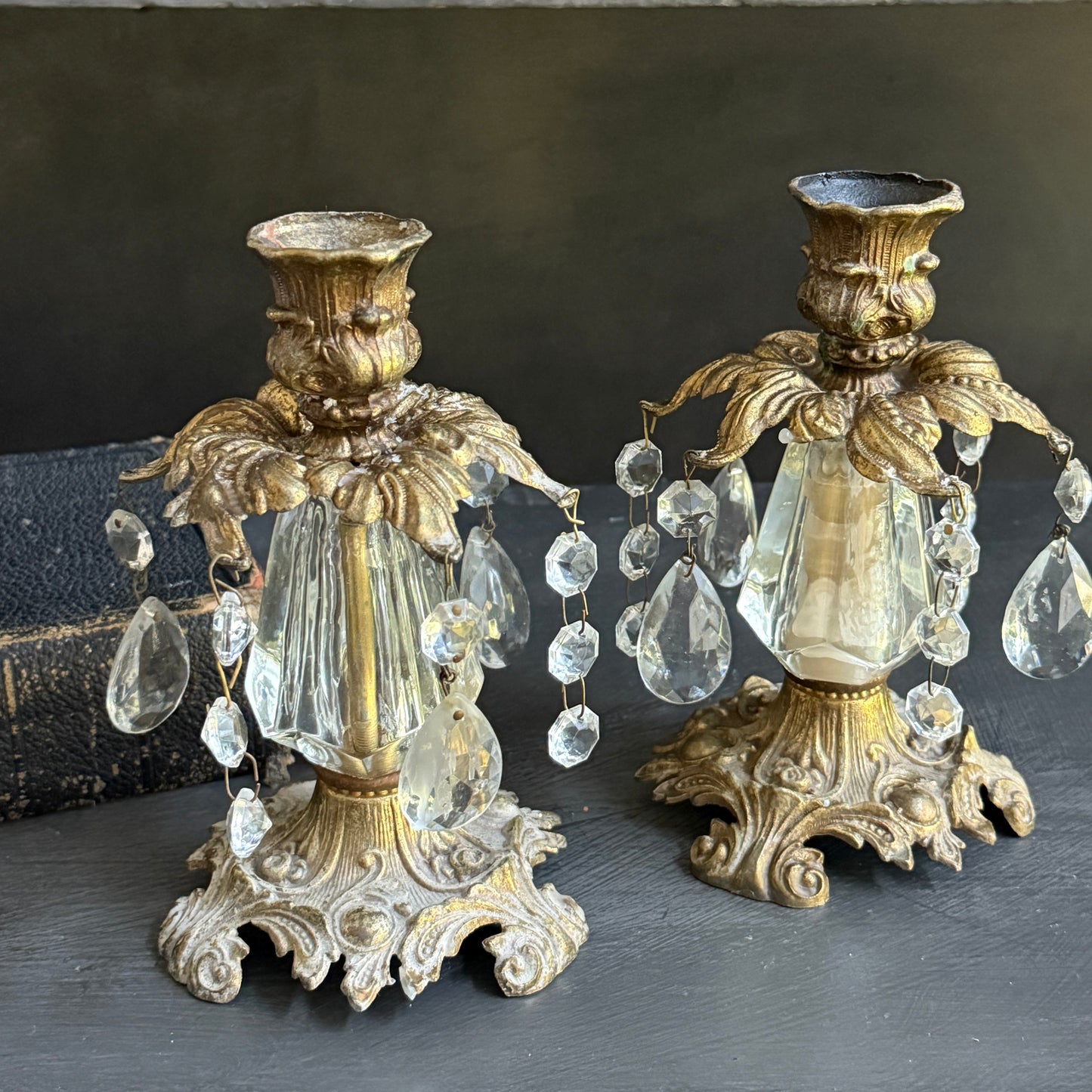 Vintage Brass & Crystal Candle Sticks