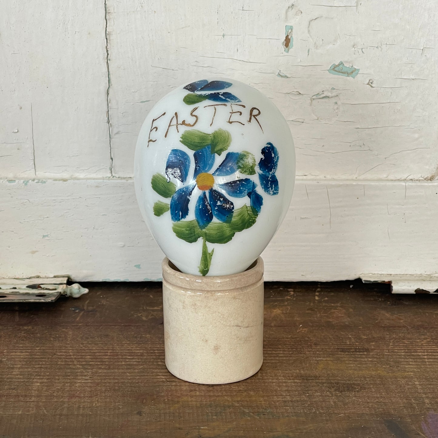 Hand Blown Milk Glass Easter Egg- Blue Flower