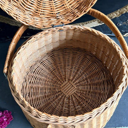 Vintage Lidded Round Wicker Basket
