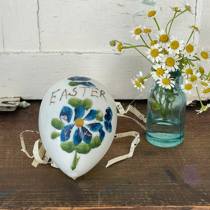 Hand Blown Milk Glass Easter Egg- Blue Flower