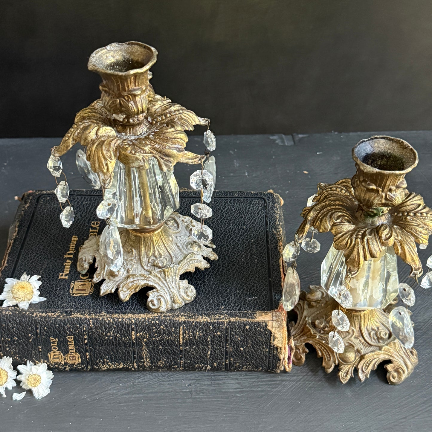 Vintage Brass & Crystal Candle Sticks