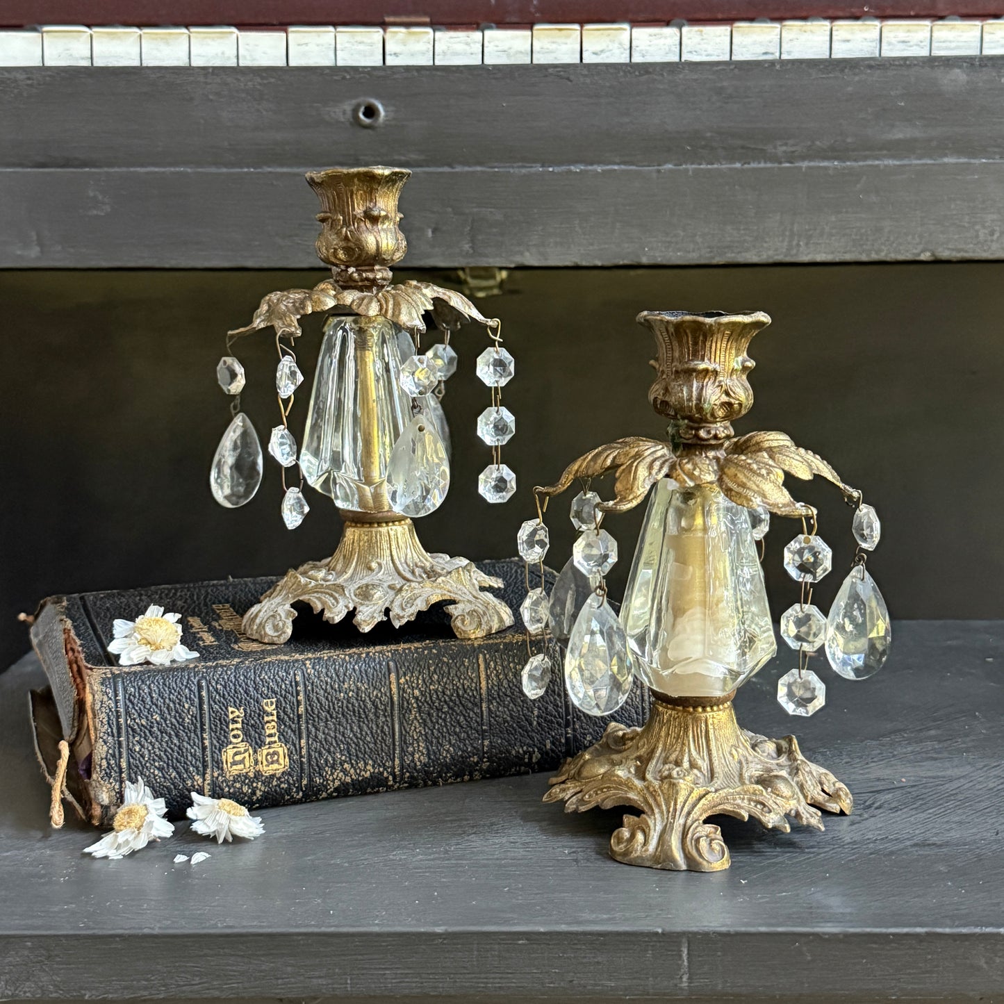 Vintage Brass & Crystal Candle Sticks
