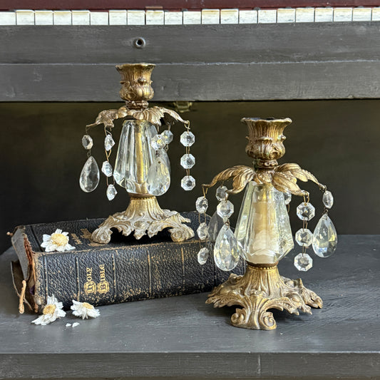 Vintage Brass & Crystal Candle Sticks