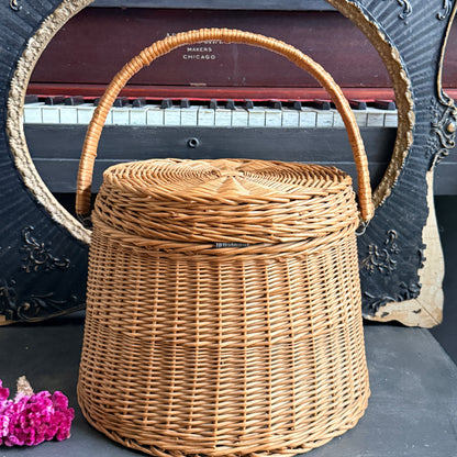 Vintage Lidded Round Wicker Basket