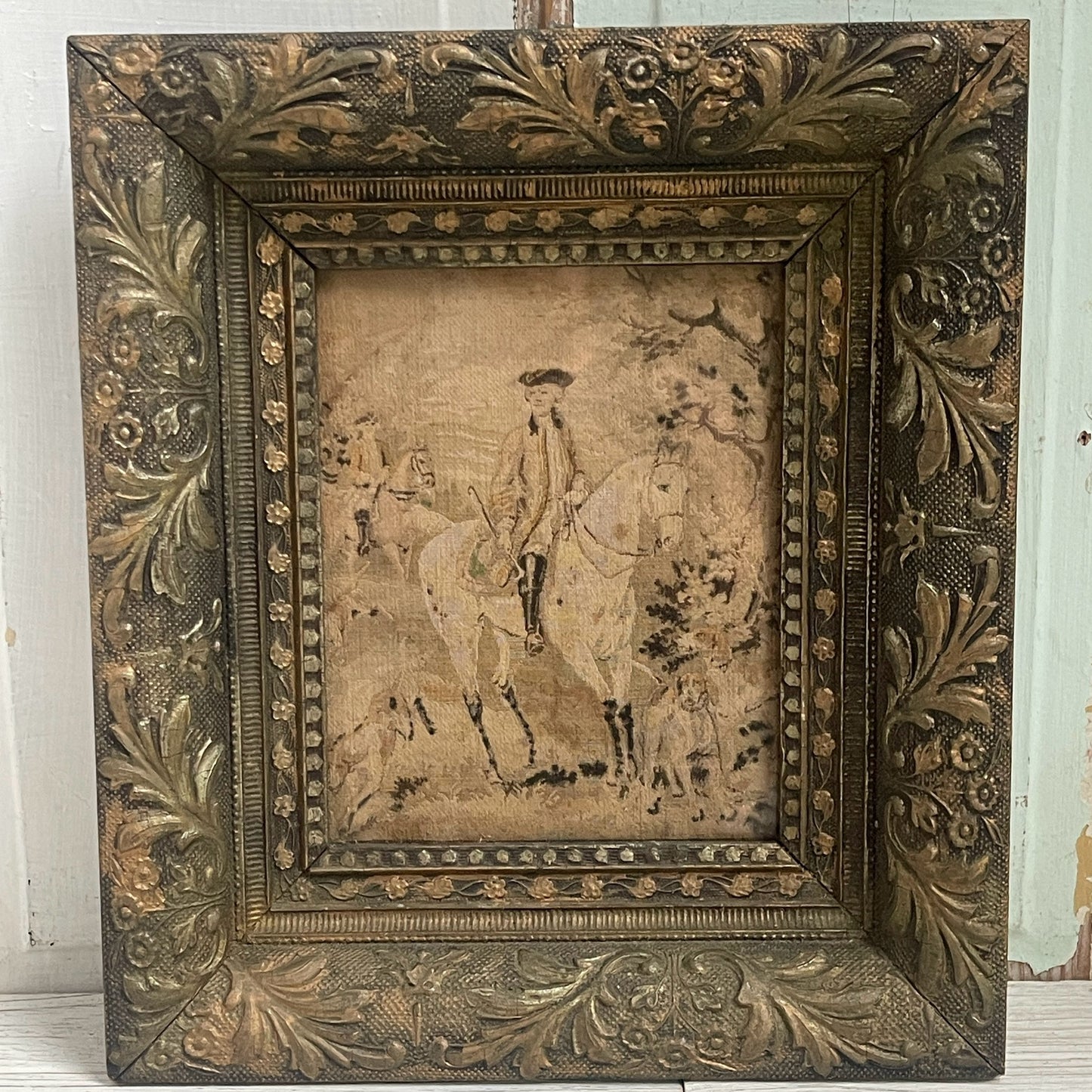 Antique Carved Wood Frame & Colonial Tapestry