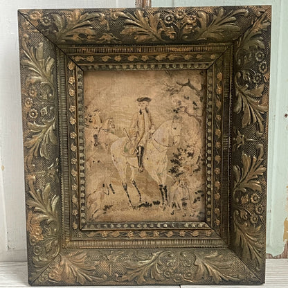 Antique Carved Wood Frame & Colonial Tapestry