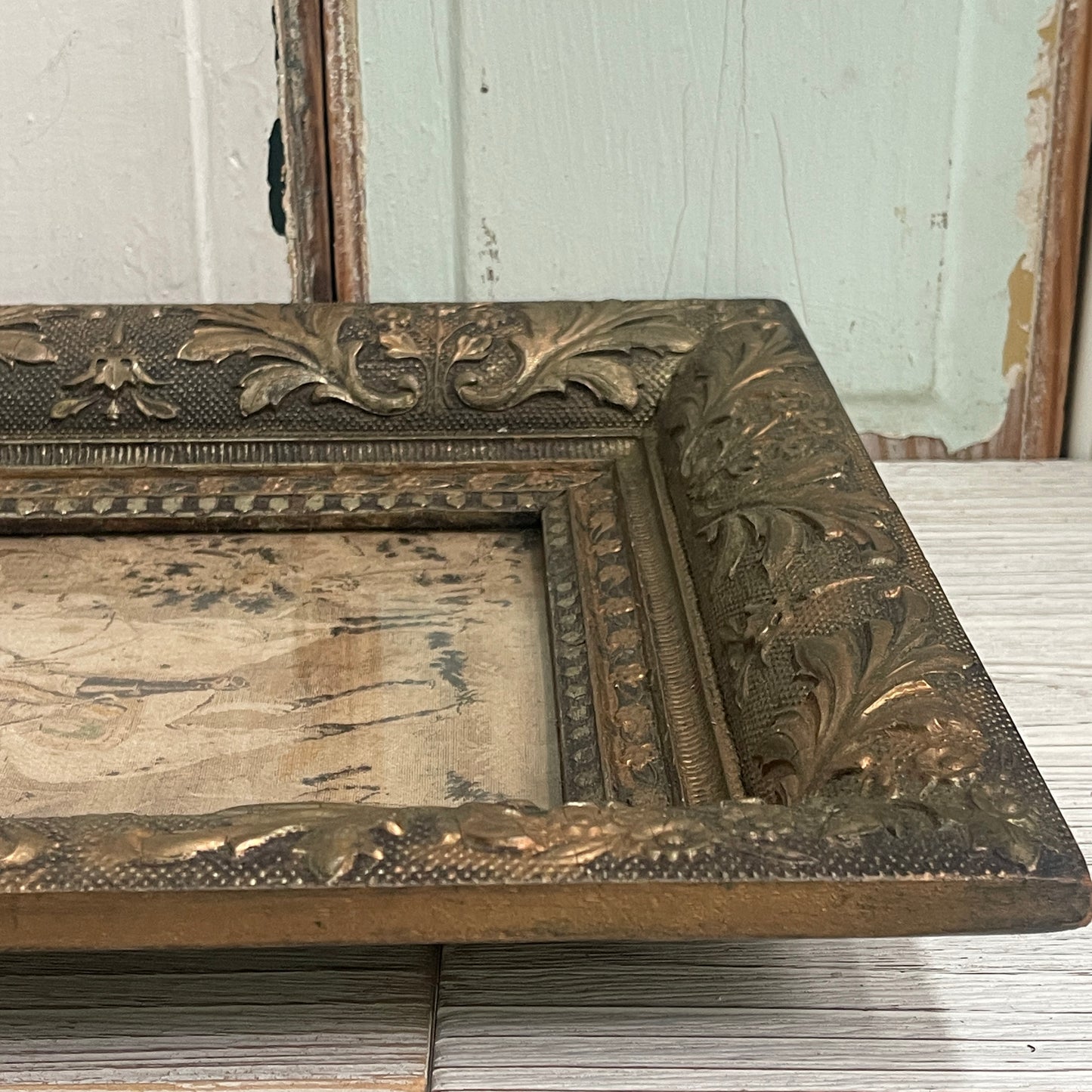 Antique Carved Wood Frame & Colonial Tapestry