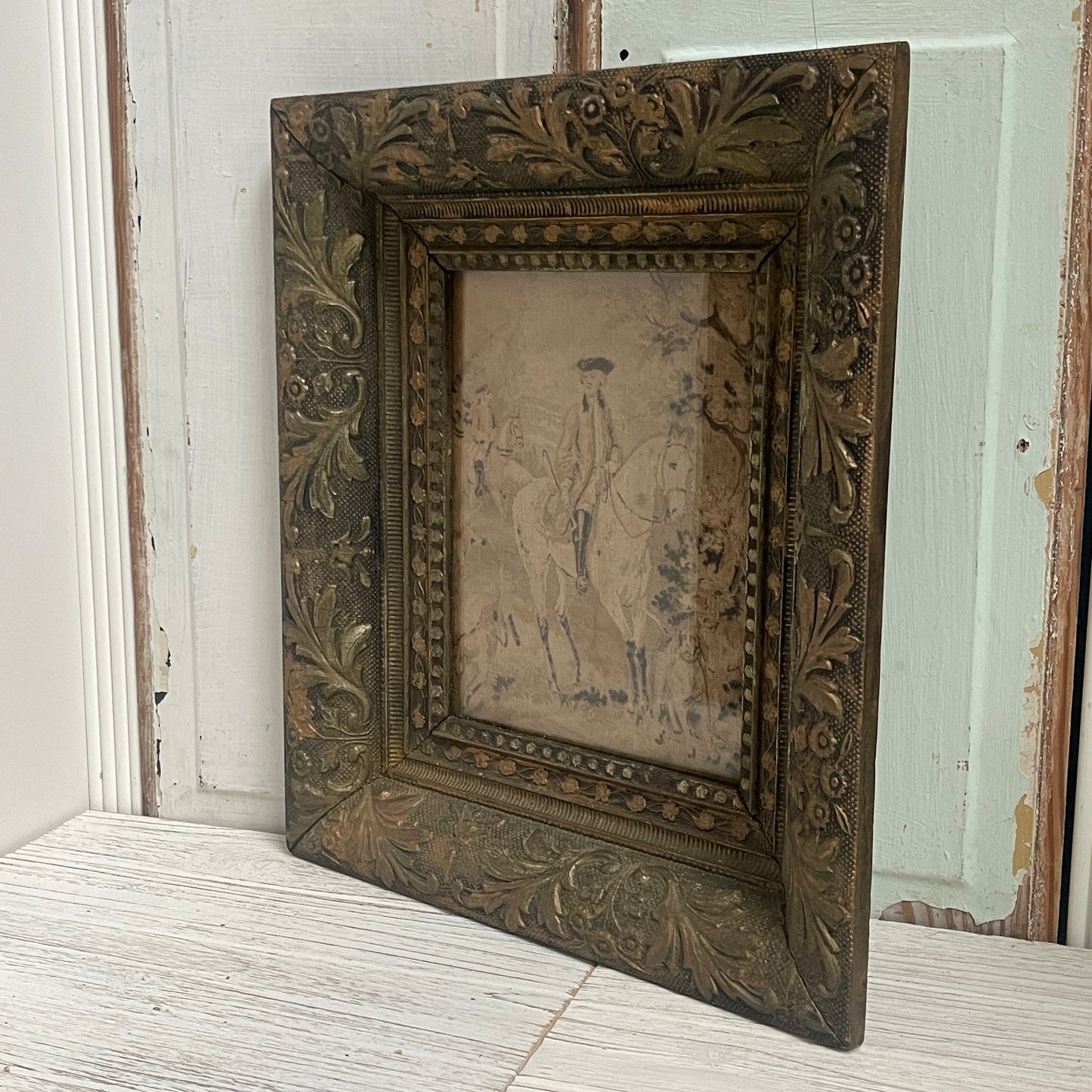 Antique Carved Wood Frame & Colonial Tapestry