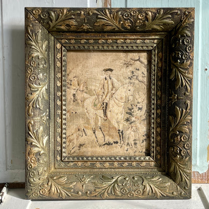 Antique Carved Wood Frame & Colonial Tapestry