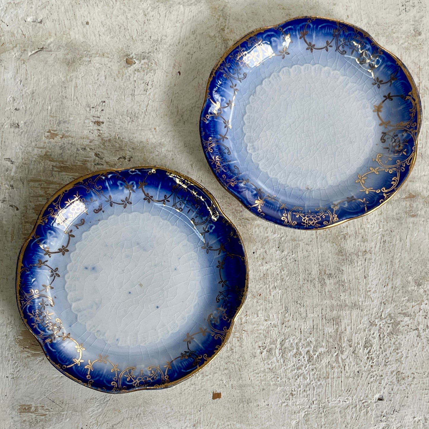 Antique Flow Blue Butter Pats- Set of Two