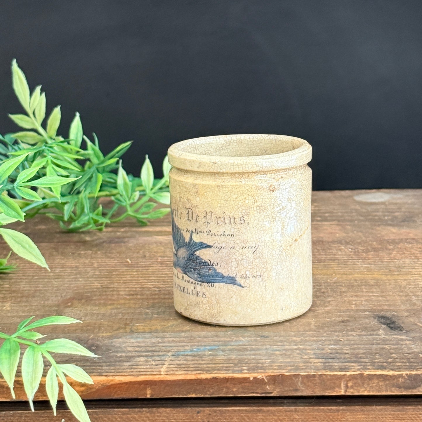 Small Ironstone Crock with Blue Bird + French Typography