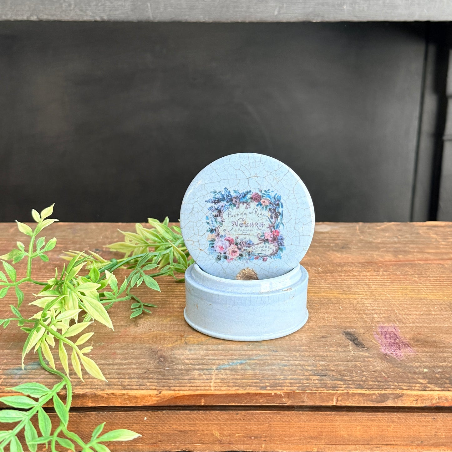 Blue Ironstone Covered Dish with Floral Perfume Graphic
