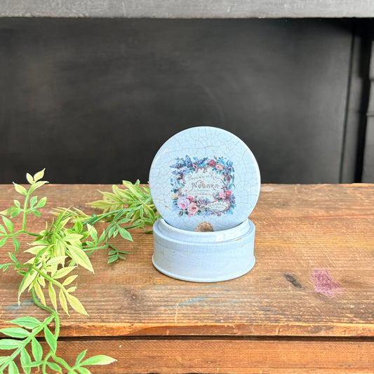 Blue Ironstone Covered Dish with Floral Perfume Graphic