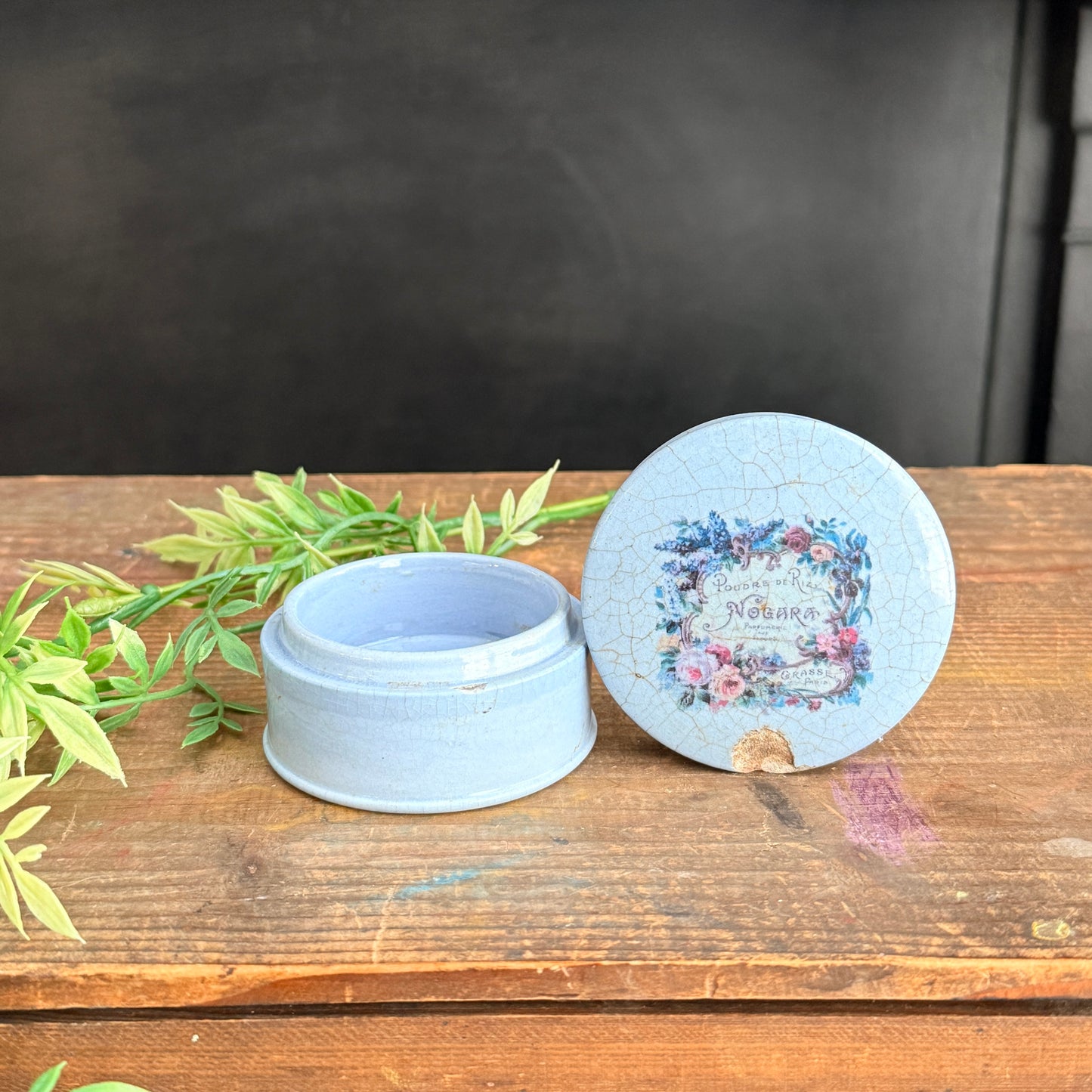 Blue Ironstone Covered Dish with Floral Perfume Graphic
