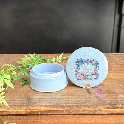 Blue Ironstone Covered Dish with Floral Perfume Graphic