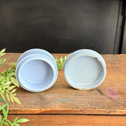 Blue Ironstone Covered Dish with Floral Perfume Graphic