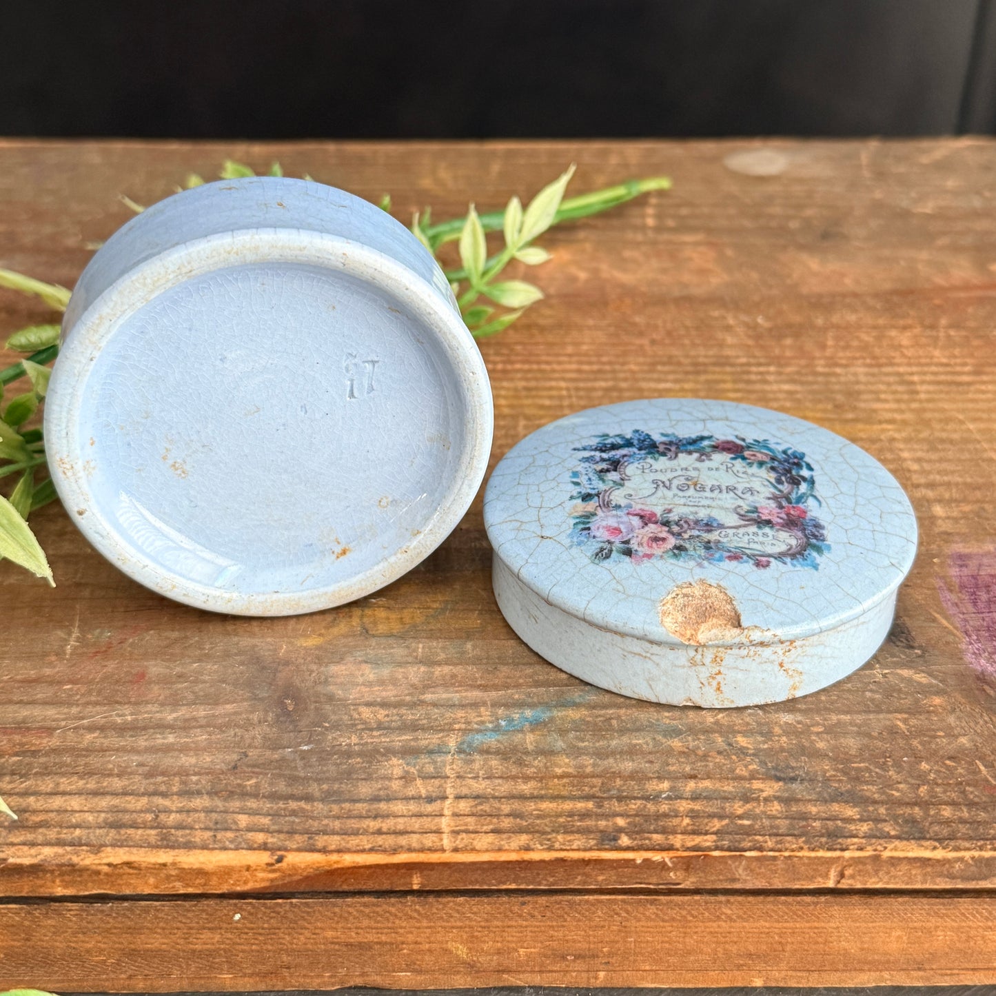 Blue Ironstone Covered Dish with Floral Perfume Graphic