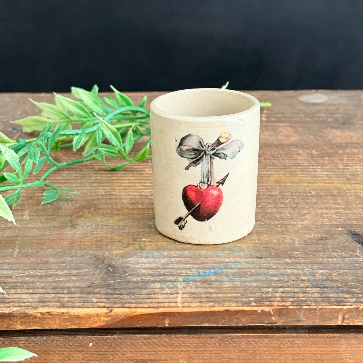 Small Stoneware Crock with Red Heart + Arrow & Bow