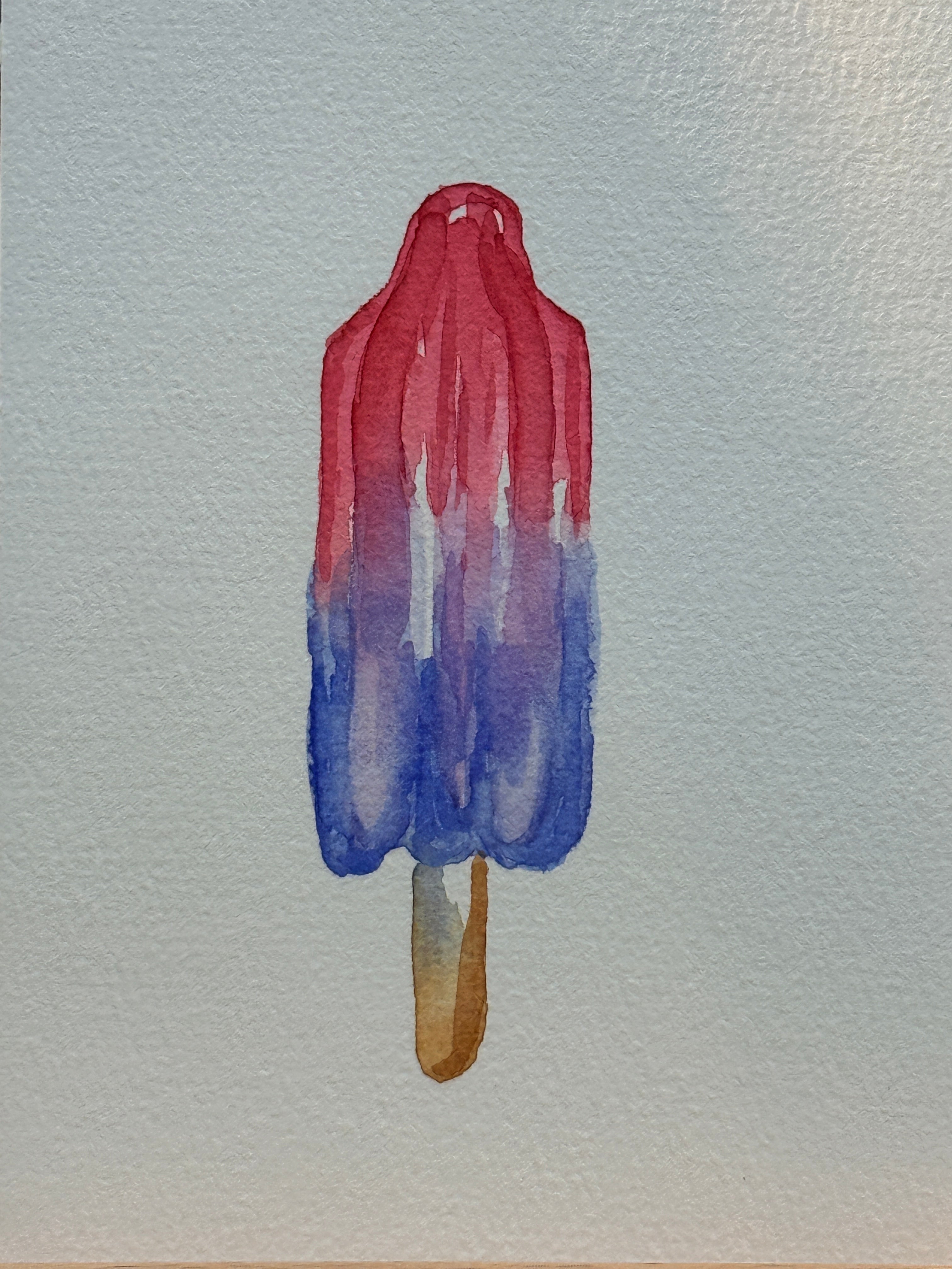 Watercolor painting of a red and blue popsicle on a light gray background