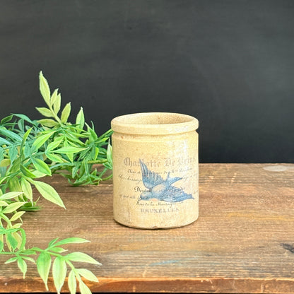 Small Ironstone Crock with Blue Bird + French Typography