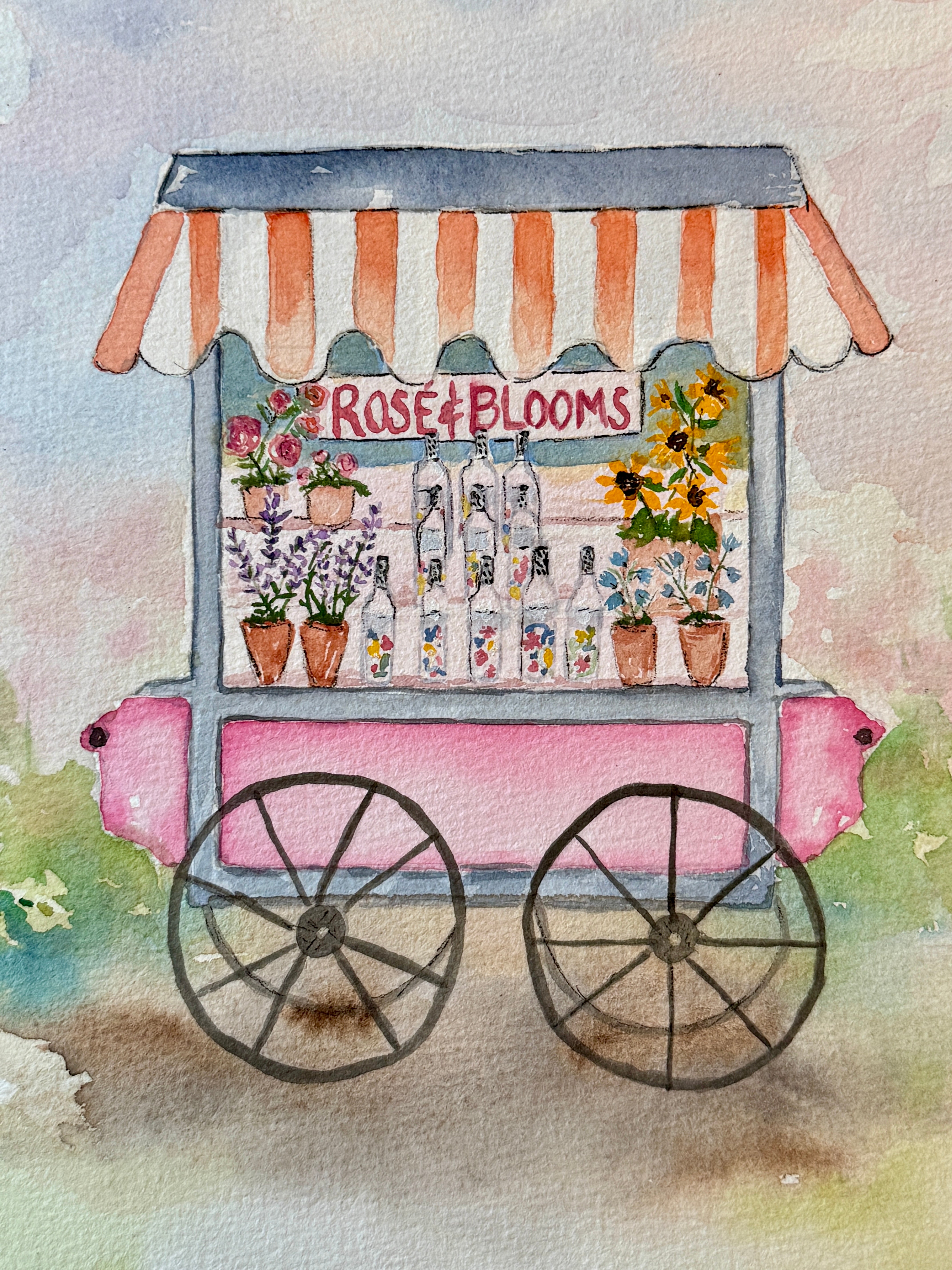 Artistic illustration of a flower cart named 'Rose & Blooms' with flowers and plants on wheels.