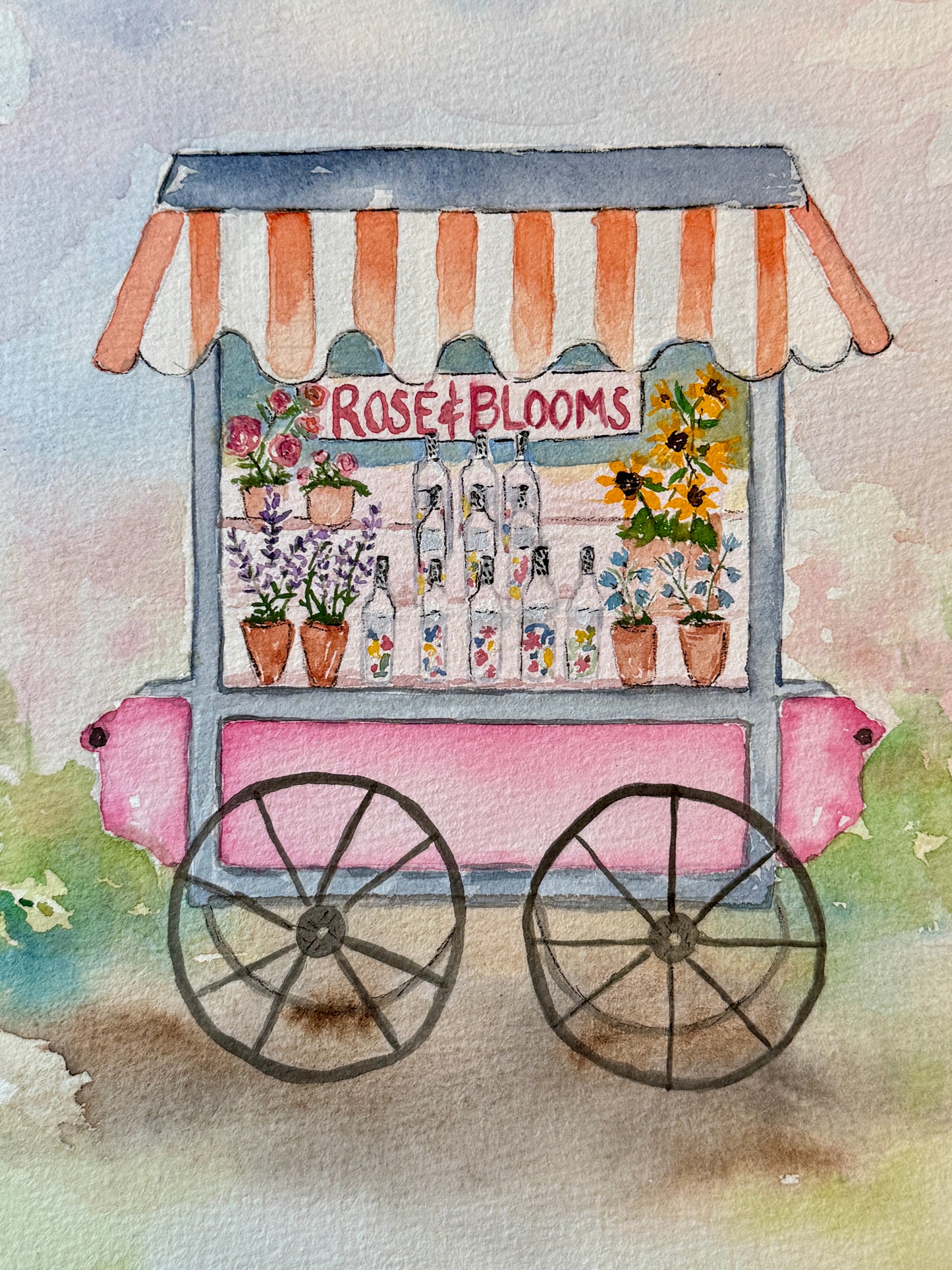 Artistic illustration of a flower cart named 'Rose & Blooms' with flowers and plants on wheels.