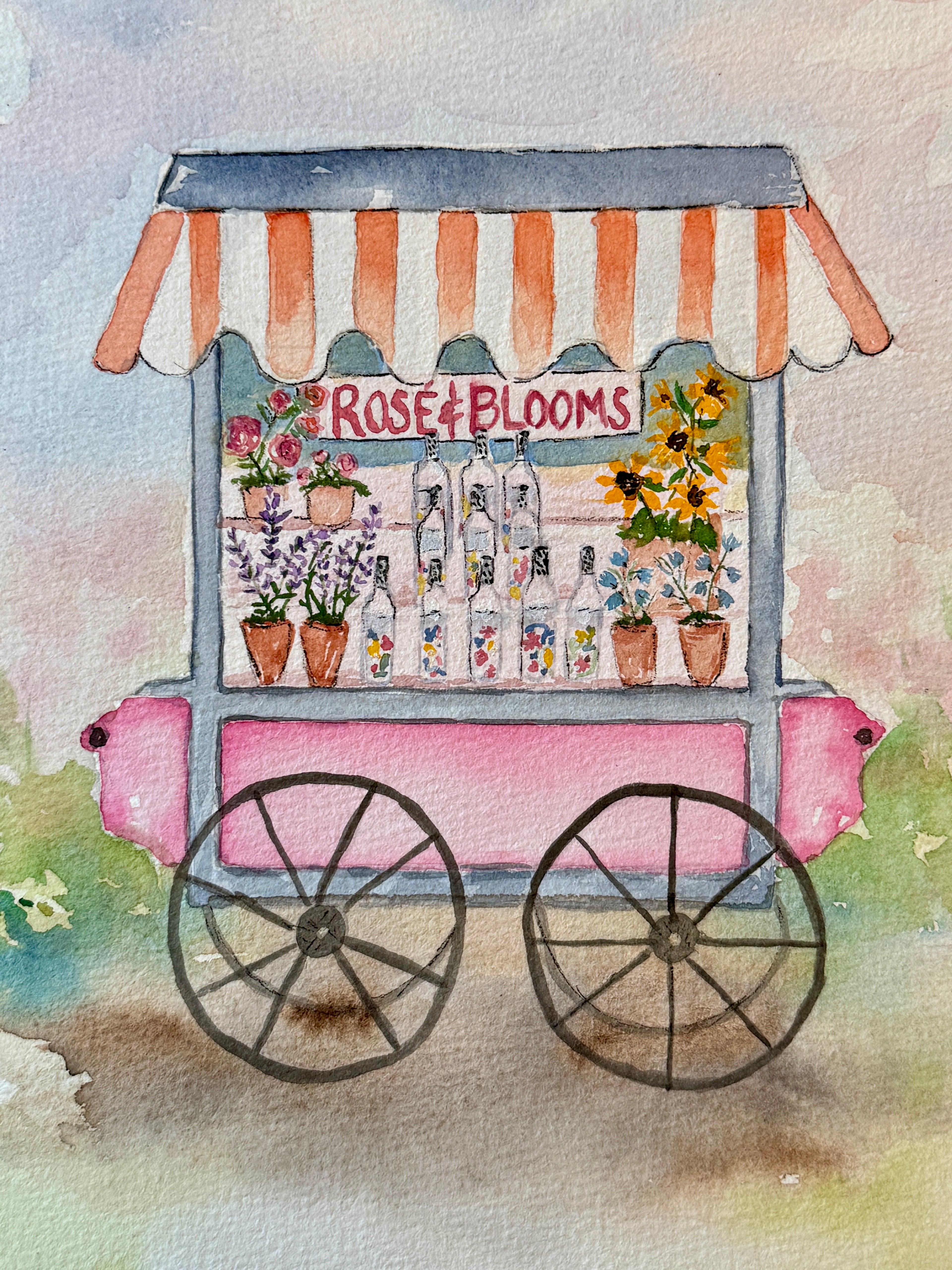 Artistic illustration of a flower cart named 'Rose & Blooms' with flowers and plants on wheels.