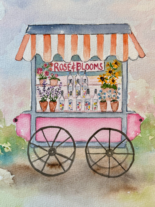 Artistic illustration of a flower cart named 'Rose & Blooms' with flowers and plants on wheels.