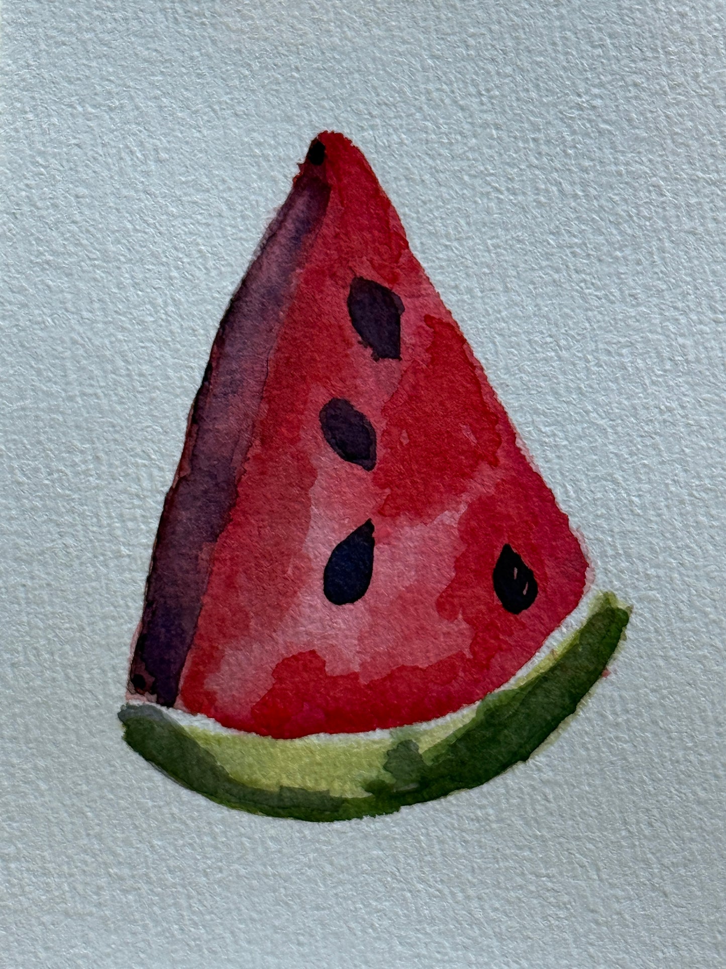 Watercolor painting of a slice of watermelon on a light gray background