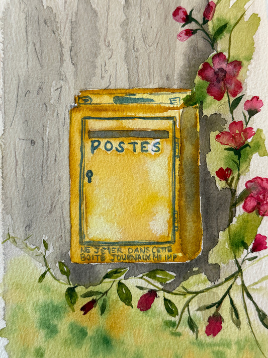 Artistic depiction of a yellow post box with floral elements on a textured background