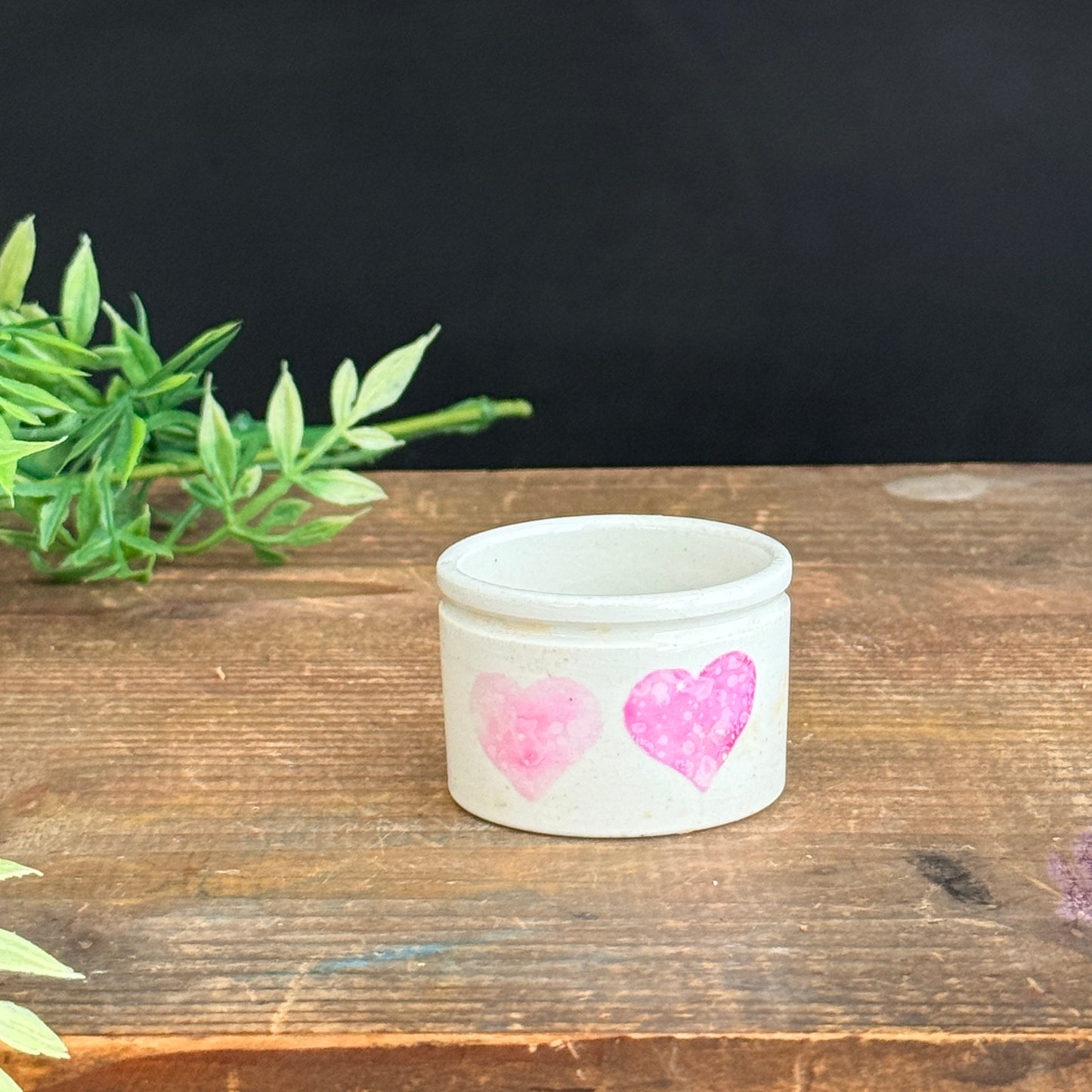 Mini Ironstone Crock with Two Pink Hearts