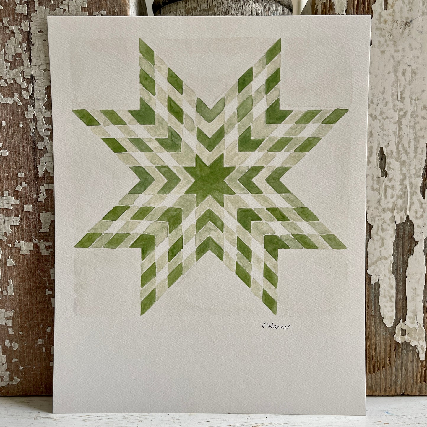 Gingham Star Watercolor Print in Green